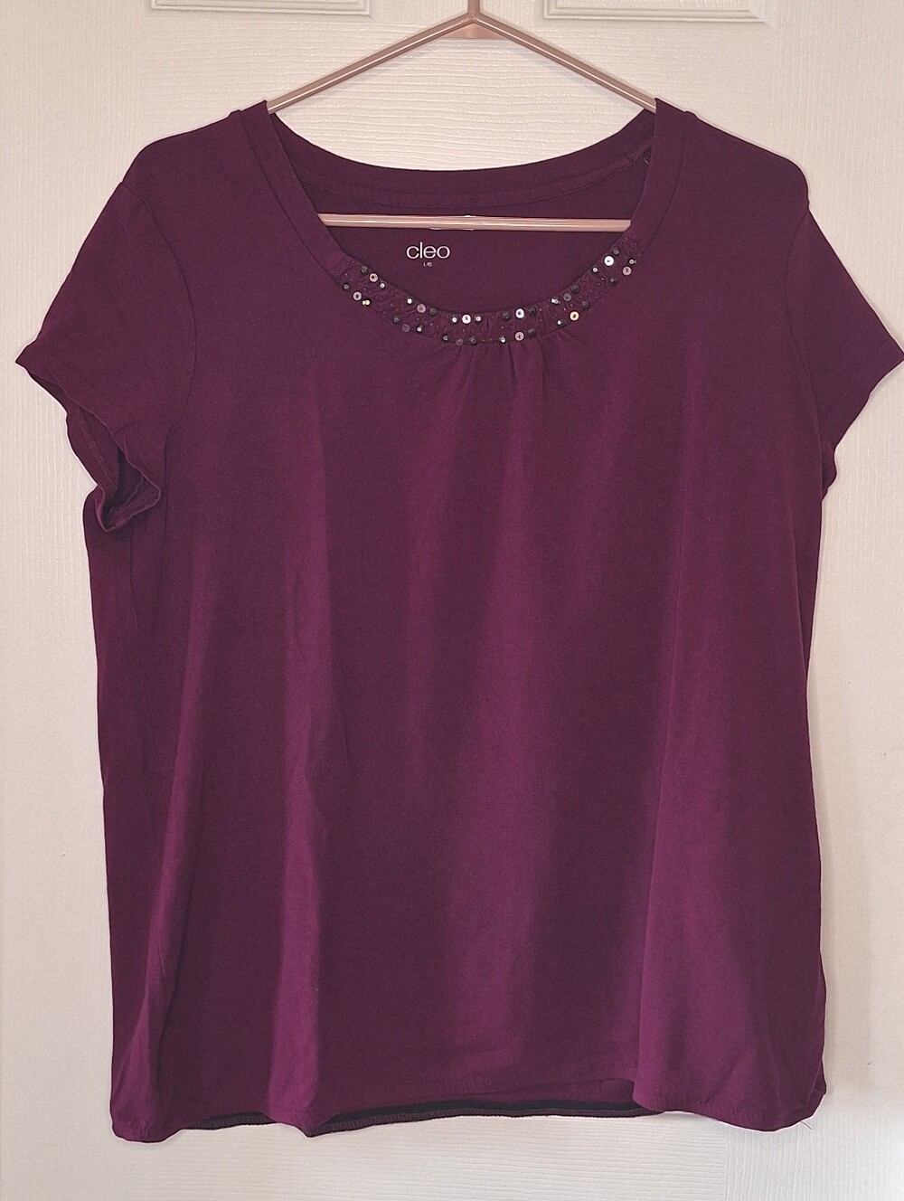cleo Plum Short Sleeve Tee with Beaded Neckline